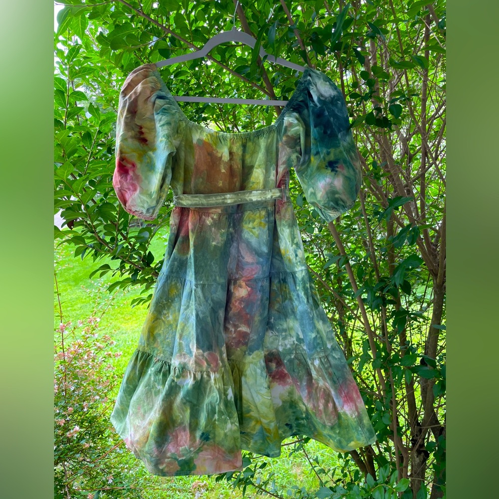 Forest Fairy: One of a Kind Ice Dyed Dress - Puff Sleeve - Tiered Skirt - Small